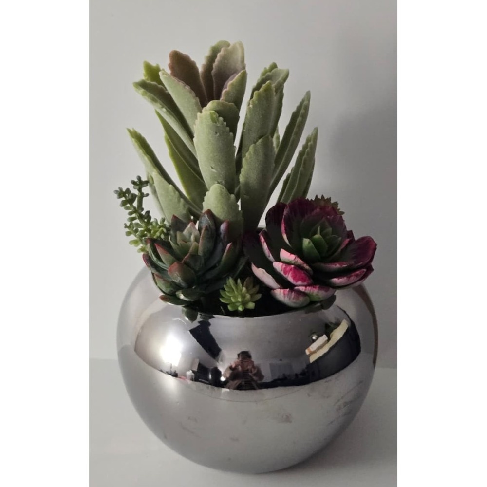 Handmade Artificial Succulent Arrangement in Silver Pot – Modern Home Decor